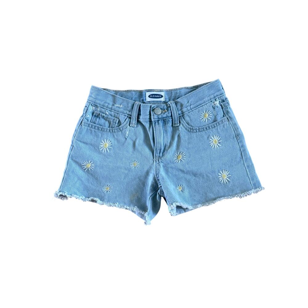 NWOT Girls 10 Old Navy Light Blue Jean Denim Shorts Embroidered Daisy Flowers